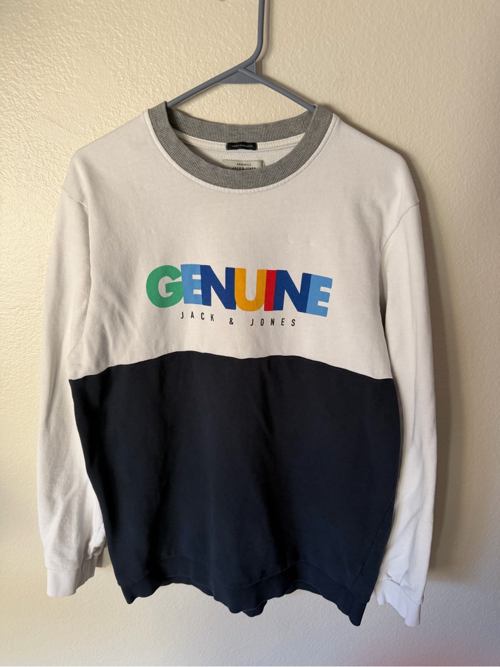 Jack & Jones White & Navy Colorblock Crewneck with Multicolor 'GENUINE' Logo